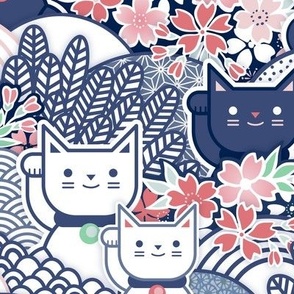 Sakura Cats- Manekineko Lucky Cat- Blue- Japanese Good Luck Talisman- Cherry Blossom- Navy Blue- Indigo Blue- Spring- Large