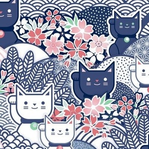 Sakura Cats- Manekineko Lucky Cat- Blue- Japanese Good Luck Talisman- Cherry Blossom- Navy Blue- Indigo Blue- Spring- Medium