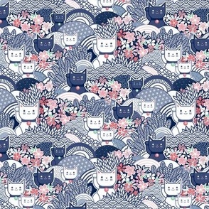 Sakura Cats- Manekineko Lucky Cat- Blue- Japanese Good Luck Talisman- Cherry Blossom- Navy Blue- Indigo Blue- Spring- sMini