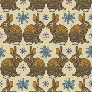 Small Rabbits Block Print on Cream