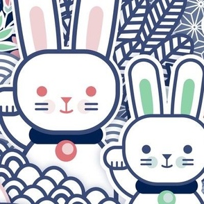 Sakura Bunnies-  Lucky Bunny- Blue- Japanese Good Luck Talisman- Cherry Blossom- Navy Blue- Indigo Blue- Spring Hare- Hares- Rabbit- Rabbits- Extra Large