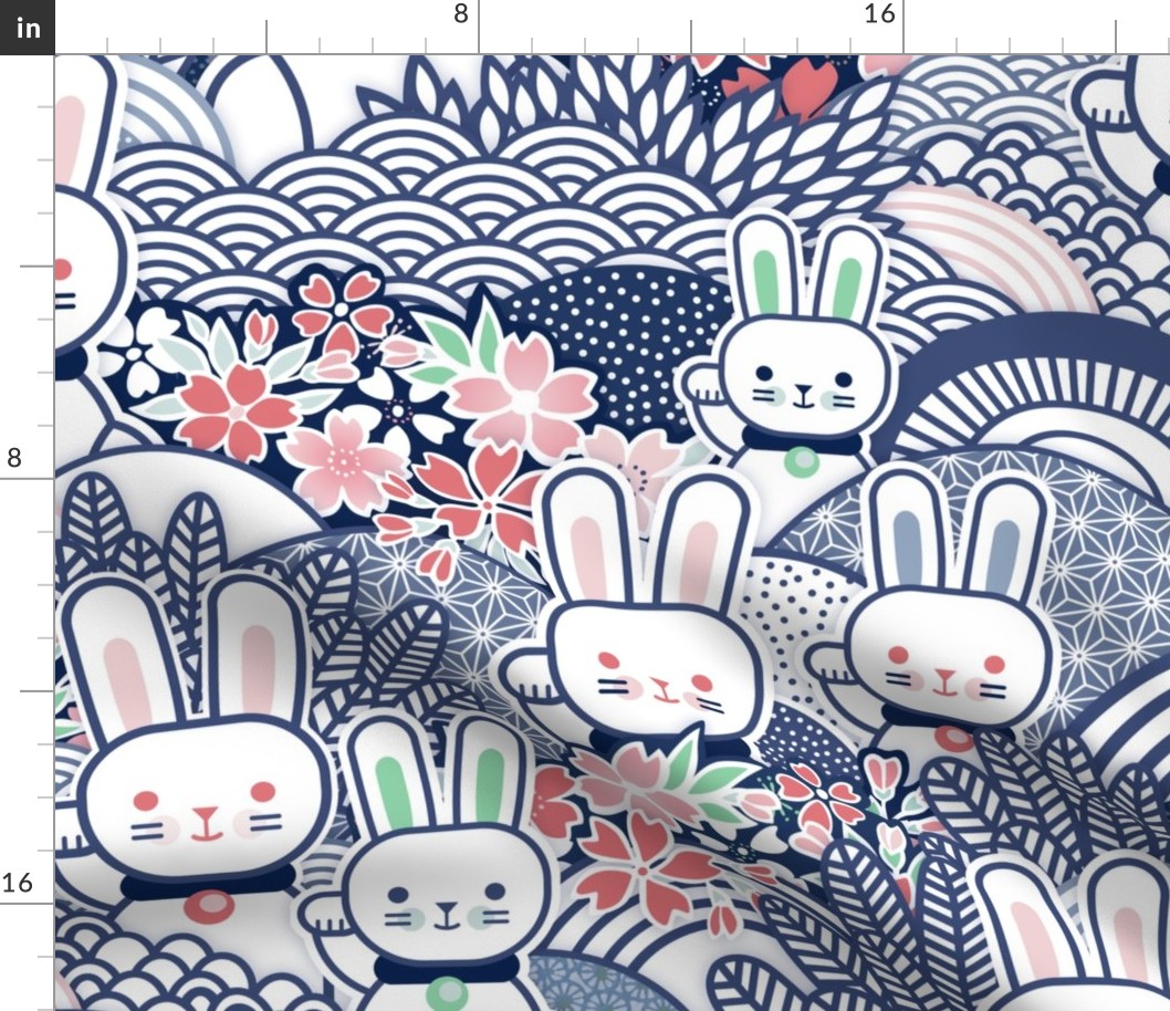 Sakura Bunnies-  Lucky Bunny- Blue- Japanese Good Luck Talisman- Cherry Blossom- Navy Blue- Indigo Blue- Spring Hare- Hares- Rabbit- Rabbits- Extra Large