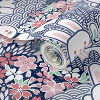 Sakura Bunnies-  Lucky Bunny- Blue- Japanese Good Luck Talisman- Cherry Blossom- Navy Blue- Indigo Blue- Spring Hare- Hares- Rabbit- Rabbits- Large