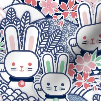 Sakura Bunnies-  Lucky Bunny- Blue- Japanese Good Luck Talisman- Cherry Blossom- Navy Blue- Indigo Blue- Spring Hare- Hares- Rabbit- Rabbits- Large