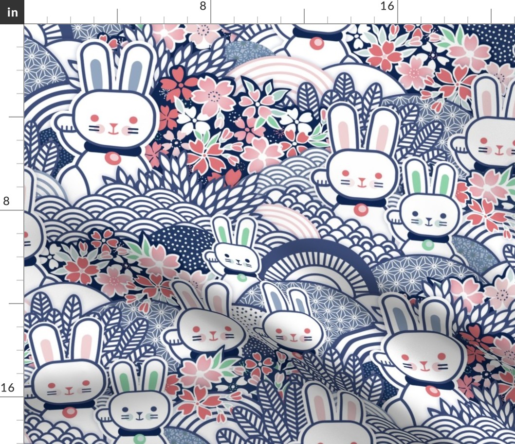 Sakura Bunnies-  Lucky Bunny- Blue- Japanese Good Luck Talisman- Cherry Blossom- Navy Blue- Indigo Blue- Spring Hare- Hares- Rabbit- Rabbits- Large
