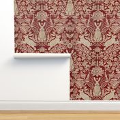 Modern damask/Year of the Rabbits /deep red/maroon/golden/textured