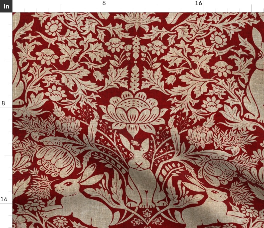 Modern damask/Year of the Rabbits /deep red/maroon/golden/textured