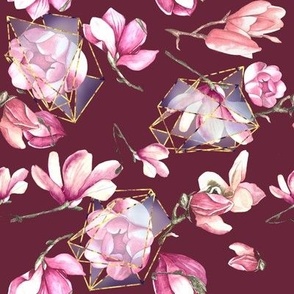 Pink magnolia burgundy background dark red hand painted floral watercolour design 