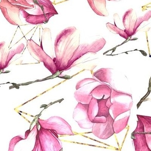 Pink magnolias spring floral hand painted watercolour abstract gold design