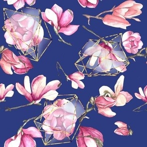 Hand painted watercolour design with magnolias, indigo blue background, gold abstract 