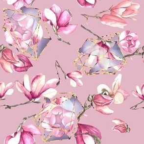Hand painted watercolour design with magnolias, rose pink, gold abstract 