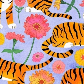 Tiger Cubs and Zinnias on Lilac - Large