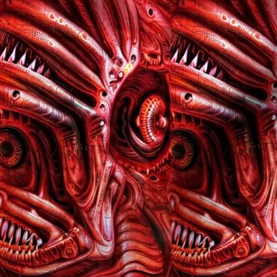 27 biomechanical bioorganic red muscles flesh eyes teeth demons aliens monsters body horror sci-fi science fiction futuristic heavy metal Eldritch Halloween scary horrifying morbid macabre spooky eerie frightening disgusting grotesque death metal art surr
