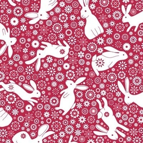 Rabbits and Chinese Flowers  - White on Viva Magenta - Small Scale