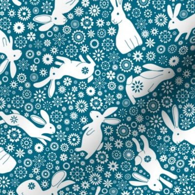 Rabbits and Chinese Flowers  - White on Teal blue - Small scale