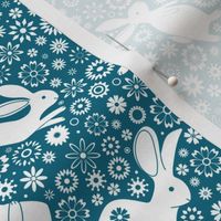 Rabbits and Chinese Flowers  - White on Teal blue - Small scale