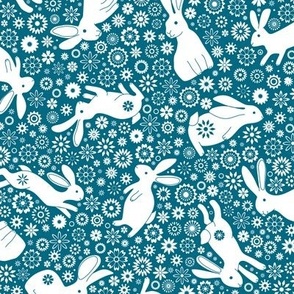 Rabbits and Chinese Flowers  - White on Teal blue - Small scale