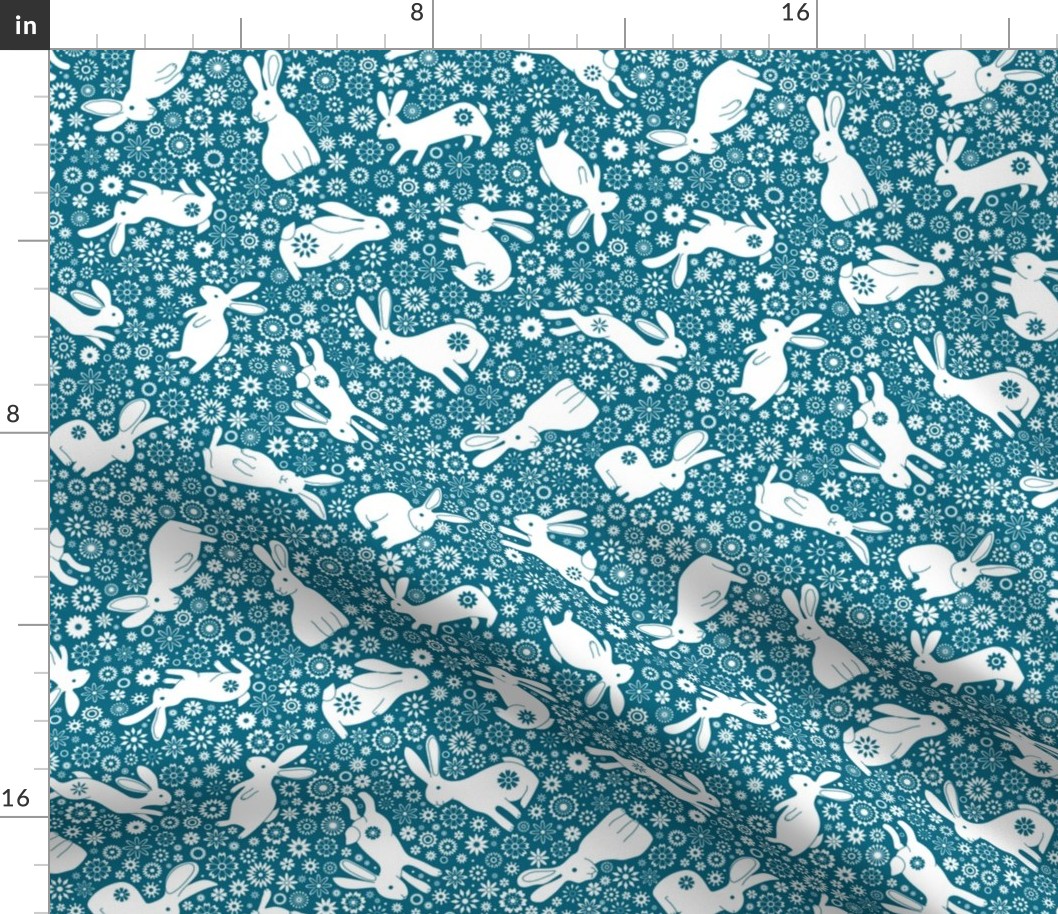 Rabbits and Chinese Flowers  - White on Teal blue - Small scale