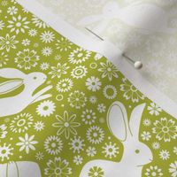 Rabbits and Chinese Flowers  - White on Leaf Green - Small scale