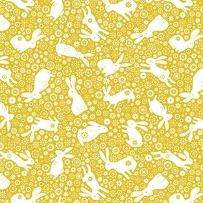 Rabbits and Chinese Flowers  - White on Yellow - Extra Small