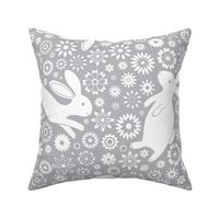 Rabbits and Chinese Flowers  - White on Grey - large scale