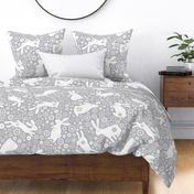 Rabbits and Chinese Flowers  - White on Grey - large scale