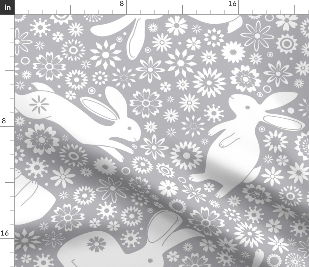 Rabbits and Chinese Flowers  - White on Grey - large scale