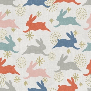 Rabbit Celebration - Red, Pink, Blue on Grey (Large Scale)