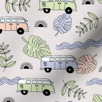 Tropical island travel camper van surf trip with leaves sunset and bus cool kids nursery design neutral lilac mint coral pastel on sand