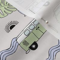 Tropical island travel camper van surf trip with leaves sunset and bus cool kids nursery design neutral lilac mint coral pastel on sand