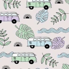 Tropical island travel camper van surf trip with leaves sunset and bus cool kids nursery design neutral mint green blue lilac purple on sand 