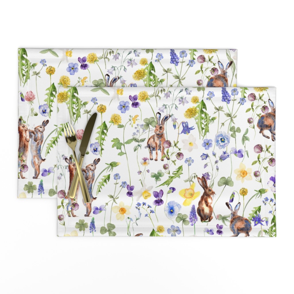 21" Hand Painted Rabbits in Springflower Watercolor Meadow - Easter Bunny for Nursery Home Decor, Fabric and Wallpaper 