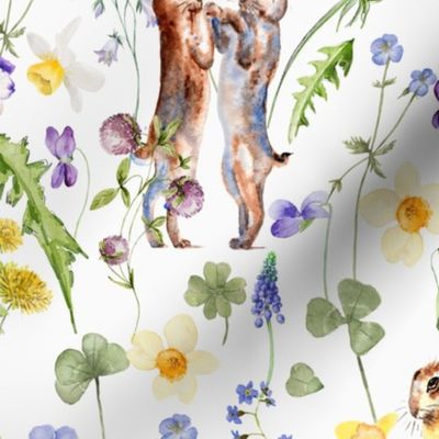 21" Hand Painted Rabbits in Springflower Watercolor Meadow - Easter Bunny for Nursery Home Decor, Fabric and Wallpaper 