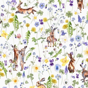 21" Hand Painted Rabbits in Springflower Watercolor Meadow - Easter Bunny for Nursery Home Decor, Fabric and Wallpaper 