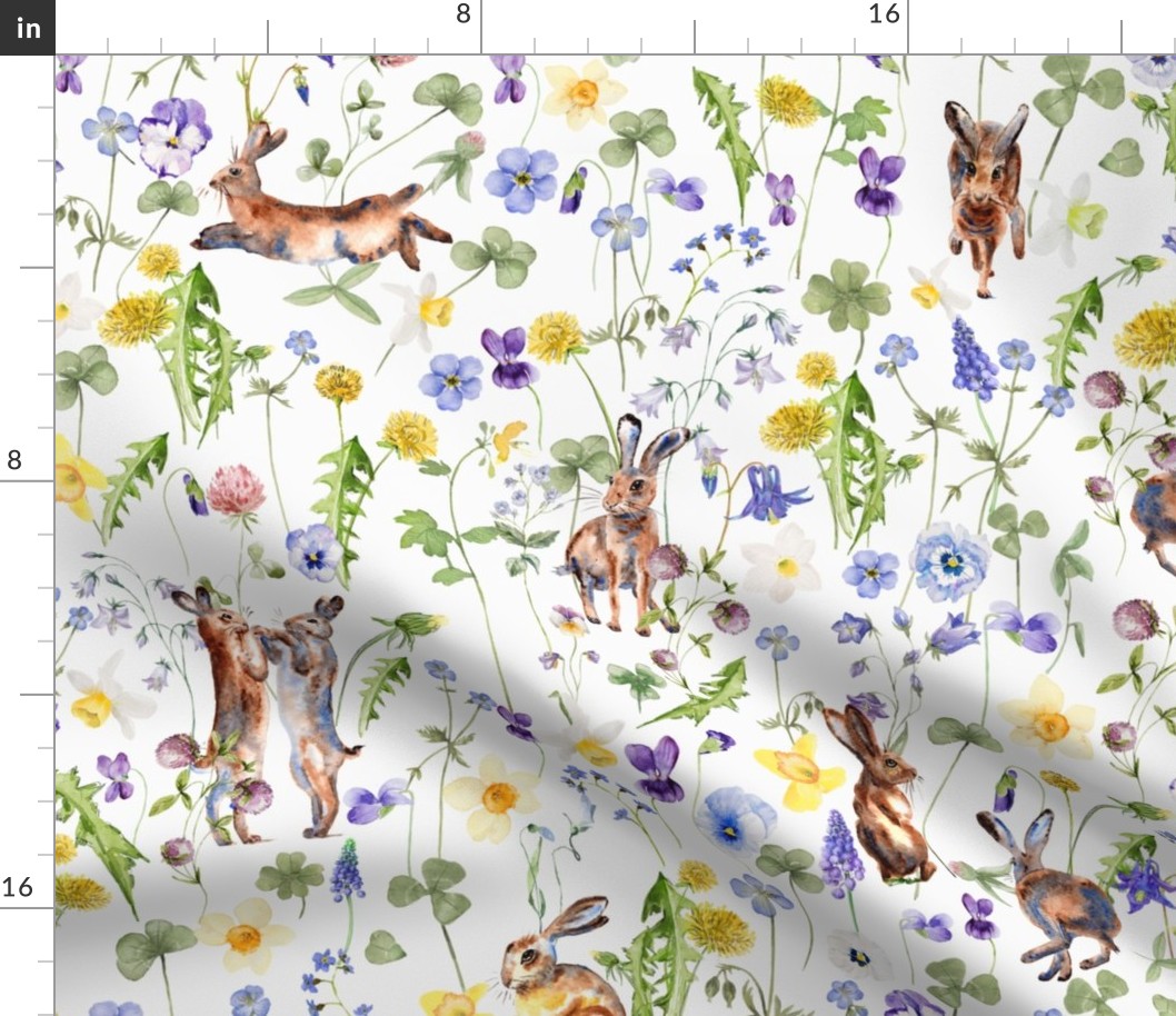 21" Hand Painted Rabbits in Springflower Watercolor Meadow - Easter Bunny for Nursery Home Decor, Fabric and Wallpaper 