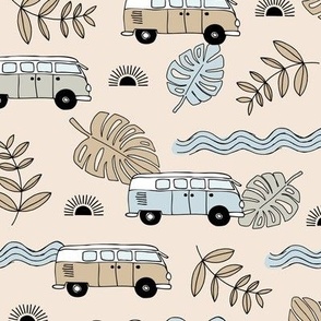 Tropical island travel camper van surf trip with leaves sunset and bus cool kids nursery design neutral sand caramel cool gray earthy tones