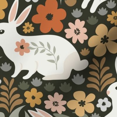 White Bunny Floral, Whimsical Rabbit Pattern - Greyish Dark Green