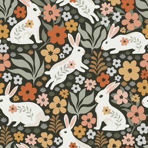 White Bunny Floral, Whimsical Rabbit Pattern - Greyish Dark Green