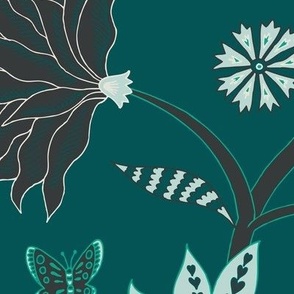Indian fantasy floral - jade, forest green and ebony black - large scale