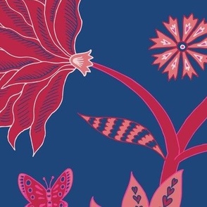 Indian fantasy floral - viva Magenta red on royal blue - large scale