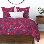 Fantasy Indian Floral - Royal blue on Viva Magenta Red - large scale