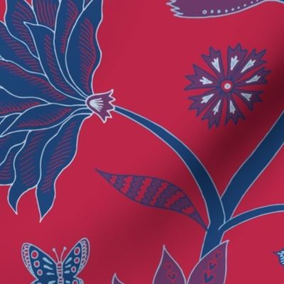 Fantasy Indian Floral - Royal blue on Viva Magenta Red - large scale