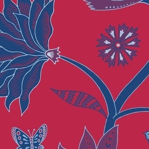Fantasy Indian Floral - Royal blue on Viva Magenta Red - large scale