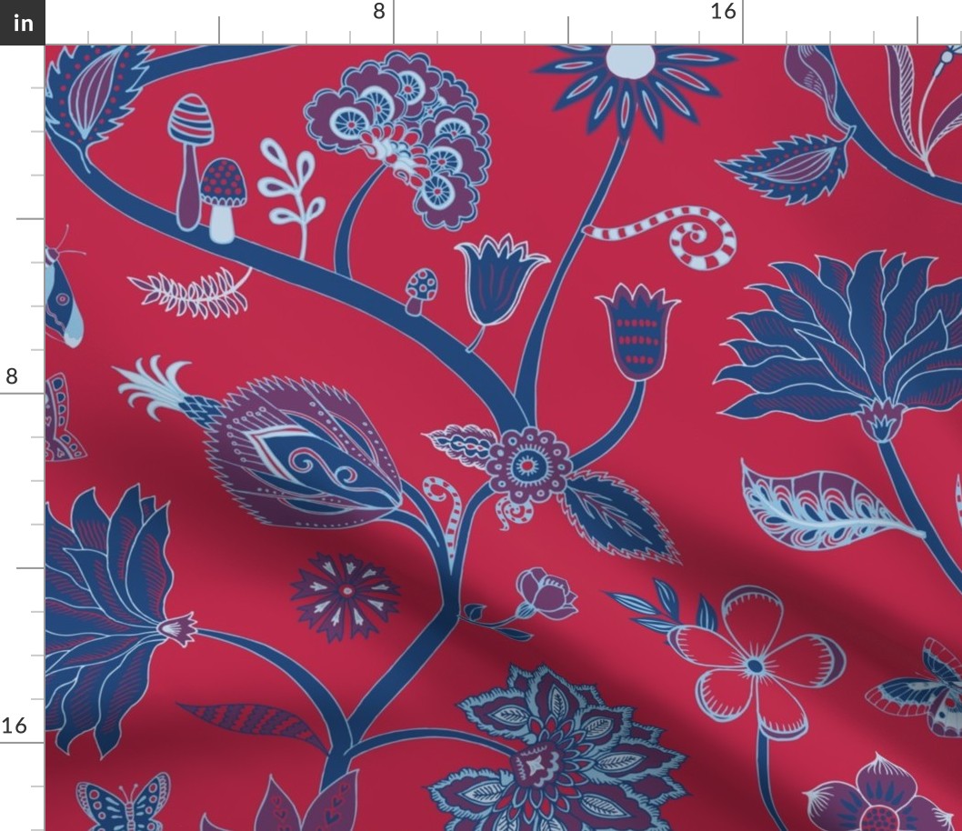 Fantasy Indian Floral - Royal blue on Viva Magenta Red - large scale