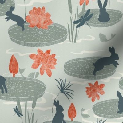  Rabbit in the lake with water lilies, lily pads and dragon flies // medium scale// wallpaper// fabric// Home decor 