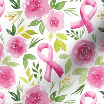 breast cancer watercolor ribbon with flowers white scale M