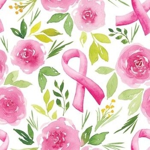 breast cancer watercolor ribbon with flowers white scale M