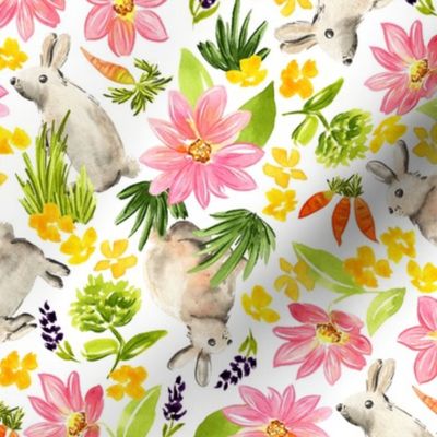 Bunnies in Spring Florals on White