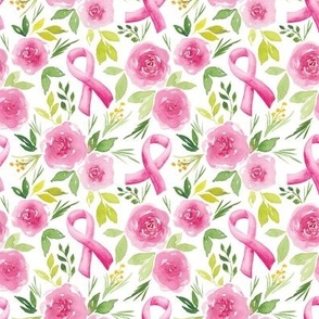 breast cancer watercolor ribbon with flowers white scale S