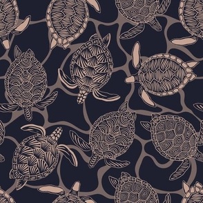beige and navy blue  turtles, animal world under water. Excellent for bathroom, kids, home decor